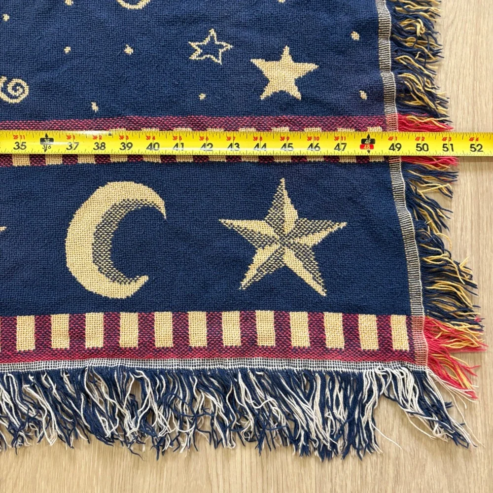 Vintage Celestial Sun Moon Stars Woven Tapestry Throw Blanket Navy Gold 48x60